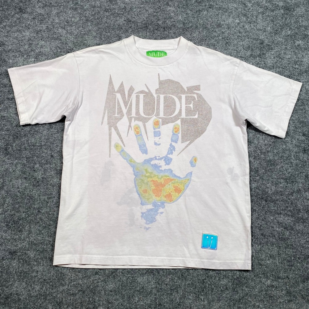 MUDE Men's Thermal Handprint Graphic T-Shirt Light Lilac Streetwear Size S